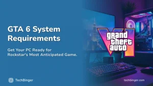GTA 6 system requirements for pc with the official Grand Theft Auto logo and gaming pc background.
